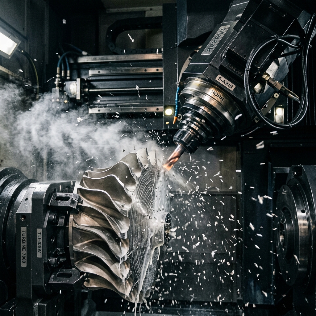 5-Axis CNC milling machine cutting aerospace parts